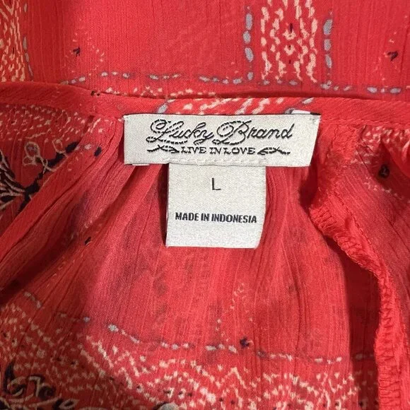 LUCKY BRAND  Women Top BLOUSE Size Large KEYHOLE NECK RED SEMI SHEER Peasant - Picture 4 of 11